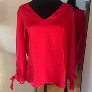 CeCe Red V-Neck Long Sleeve Blouse with Tie Cuffs